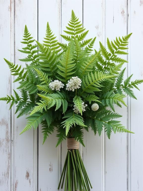 A daily flower bouquet with fern leaves arranged like a Koch snowflake.